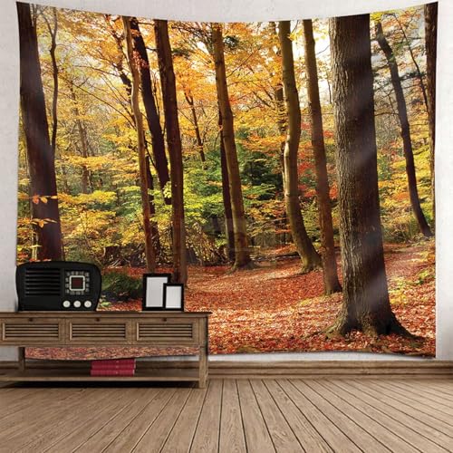 Homxi Wandteppich Natur Landschaft 240 W x 220 H CM, Herbstwaldlandschaft, Tapestry Wandbehänge Polyester, Gelb Braun von Homxi