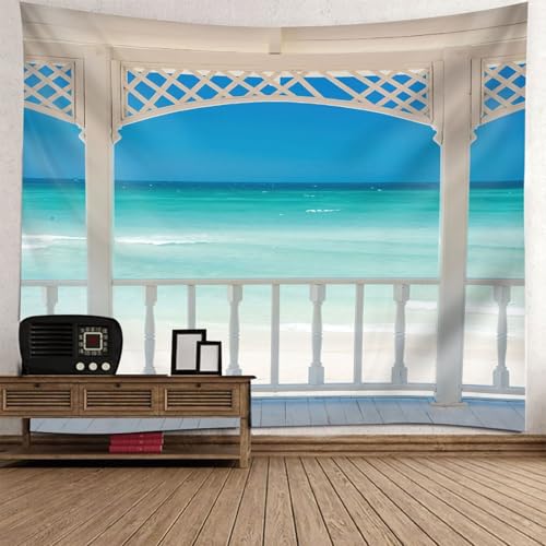 Homxi Wandteppich Natur Landschaft 350 W x 256 H CM, ​​Korridor mit Strand und Meerblick​​, Polyester Wandbehang Landschaft, Blau Grün Weiß von Homxi