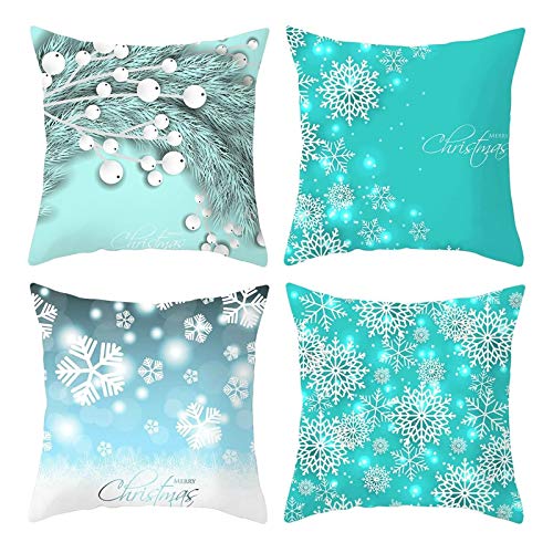 Homxi Weihnachten Kissenbezug 4 Pack,40x40 Kissenhüllen Christmas,Schneeflocke Merry Christmas,Kissenüberzug Polyester Blau Grün von Homxi