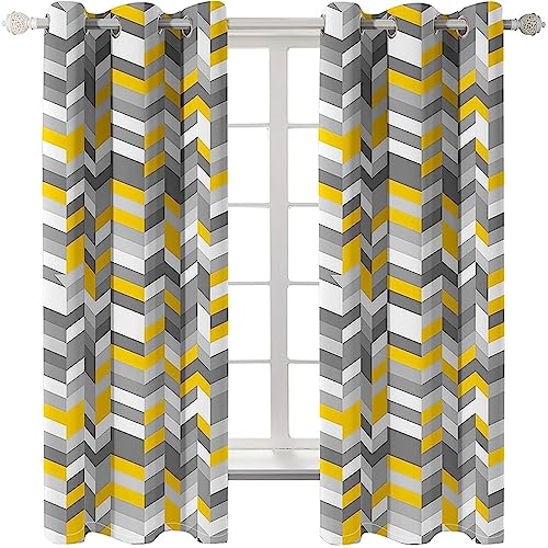 Homxi Wohnzimmer Gardinen Blickdicht 2er Set,2 x 107W x 214H cm,Gardinen Lichtundurchlässig Weiß Gelb Grau Geometriemuster Ösen Vorhang von Homxi