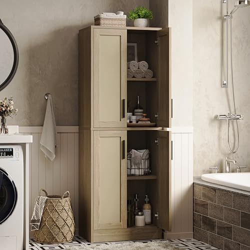 Pantry Cabinet - Hoher Küchenschrank Vorratsschrank mit 4 Rattantüren und verstellbaren Regalen, Holzschrank für Küche, Esszimmer, Badezimmer, Flur, Waschküche, Wohnzimmer (Natur) von Homzbesy