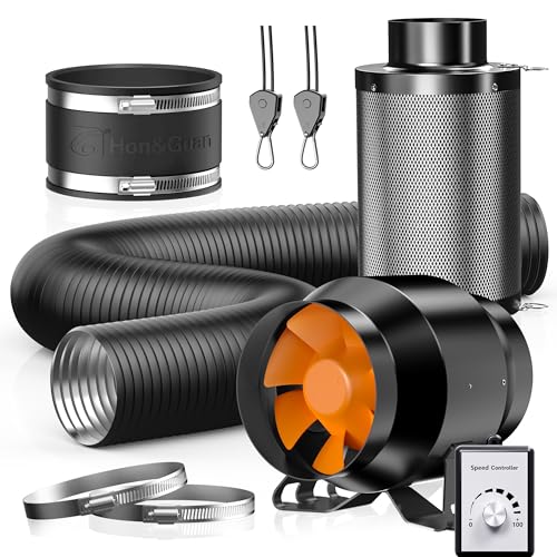 Hon&Guan Abluftset 100mm, Rohrventilator 100mm mit Drehzahlregler, Aktivkohlefilter Grow, Gummikupplung, Rohr Schlauchschellen Set Belüftungssystem für Growzelt Hydroponik Lüftung Growbox 3D Drucker von Hon&Guan