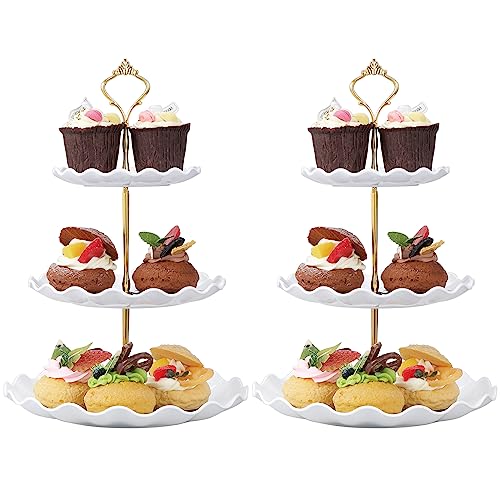 HonGien 2 Pack 3-Tier-Kuchen Stand, Kuchen Display Stand, Nachmittagstee Kuchen Stand, Obst Dessert servieren Tablett Steht für Geburtstag, Party, Hochzeit Wave Pattern Style (Wellenmuster Weiß) von HonGien