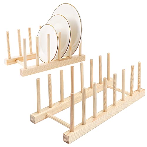 HonGien Küche Geschirrständer, 2 Stück Hölzernes Abtropfgestelle aus Holz, Ständer Topfdeckelhalter, Tablett Abtropffläche für Vorratsschüssel, Geschirr,Tassen,Buch (5 und 7 Steckplätze) von HonGien