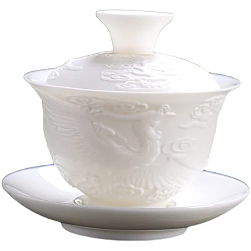 Relief Dragon Weiß Porzellan Gaiwan, Chinesisch geprägter Drachen-Stil Weiß Ceamic Gaiwan, Kung Fu Teeschale Traditionelle Teetasse (Phönix) von HonHeam