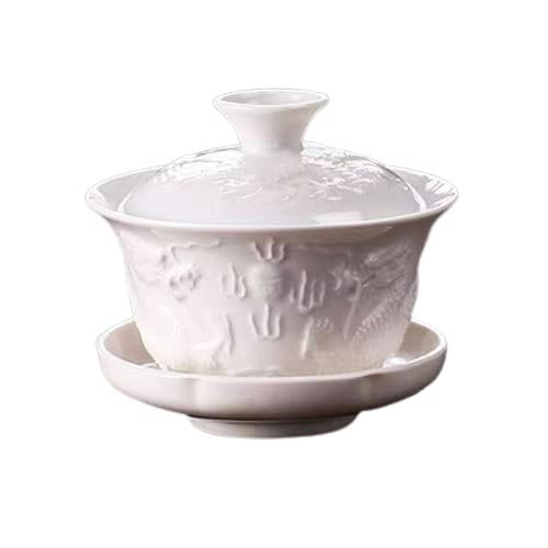 Relief Dragon Weißer Porzellan Gaiwan, Chinesischer Geprägter Drachenstil Weißer Keramik Gaiwan, Kung Fu Teeschale Traditionelle Teetasse (Yuan Long) von HonHeam