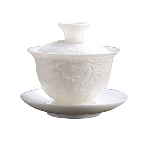 Relief Dragon Weißes Porzellan Gaiwan, chinesischer geprägter Drachen-Stil, weißer Ceamic Gaiwan, Kung Fu Teeschale, traditionelle Teetasse (Dargon-1) von HonHeam