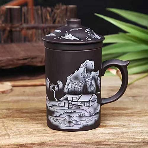 Teetasse aus Keramik, handbemalt, violett, Ton, Teetasse mit Deckel und Teesieb, 368 ml, Yixing Zisha Wasserbecher, Trinkgeschirr für Büro Zuhause (schwarze Landschaft) von HonHeam