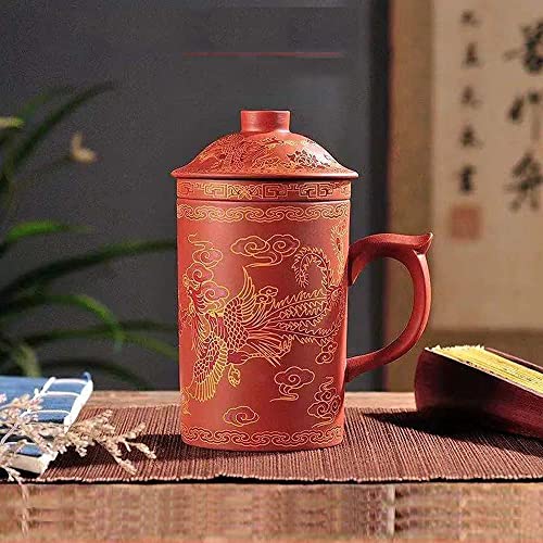 Teetasse aus Keramik, handbemalt, violett, Ton, Teetasse mit Deckel und Teesieb, 370 ml, Yixing Zisha Wasserbecher, Trinkgeschirr für Büro Zuhause (roter Phoenix) von HonHeam
