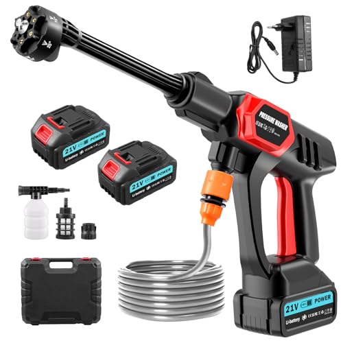 Akku Hochdruckreiniger, Max 80 Bar 1160 PSI Mobiler Hochdruckreiniger Mit 2 x 3000mA Akku, Schaumsprüher, 6-in-1 Multifunktionale Düse und Reichweite bis zu 10 Meter Düse für Auto von Hondony
