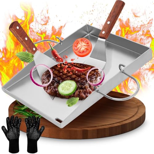 Plancha Edelstahl Grillplatte – Grillen auf höchstem Niveau | Robuster Edelstahl, 2x Grillspachtel mit Akazienholzgriff – Perfekte BBQ-Ergebnisse dank Profi-Zubehör garantiert! von Hondony