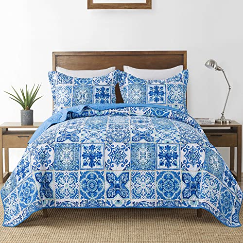 HoneiLife Tagesdecke, Bettwäsche-Set, Queen-Size-Bett, 3-teilig, Mikrofaser, luxuriöse Decke, leicht, Tagesdecke, warmes Bettwäsche-Set, Steppdecken – marokkanisch, Blau und Weiß von HoneiLife