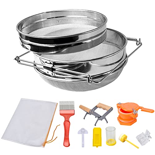 Honigernte Honigsieb Imkerei Werkzeug Kit 9 Stück Doppel Honigsieb Edelstahl Honigfilter Honigtor Rahmen Griff Entdeckelgabel Queen Marker Tube Feeder Honig Filtertasche von Honey Lake