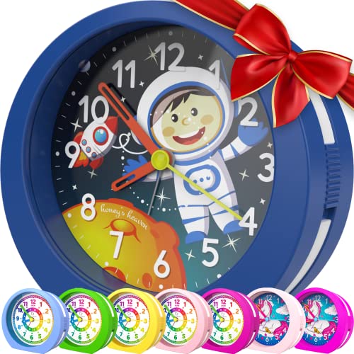 Honey's Heaven Kinderwecker ohne Ticken - für Jungen und Mädchen - Lernwecker Lernuhr Weckuhr Kinderuhr Quarzwecker Snooze Analog Quartz Wecker (Astronaut Dunkelblau) von Honey's Heaven
