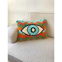 Handgetuftete Evil Eye Kissenbezug, Griechisch Blau Kissenbezug, Good Luck Home Decor, Schutz Amulett Dekokissen, Boho Bettwäsche von HoneyArtandNature