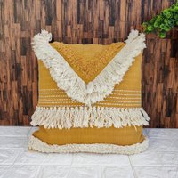 Senfgelb Weiß Kissenbezug Kissenhülle 45x45 cm || Fransen 40x40 Handgemachte Baumwolle von HoneyBeeHomeNLiving