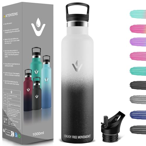 HoneyHolly Trinkflasche Edelstahl 1L, BPA-Frei, Thermosflasche, Auslaufsichere Isolierflasche Doppelwandig, Wasserflasche, Thermoskanne, mit Strohhalm, Trinkflasche Kohlensäure Geeignet für Camping von HoneyHolly