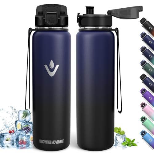 Trinkflasche Edelstahl, 1L BPA-Frei, Thermosflasche, Auslaufsicher, Thermoskanne, Doppelwandige Isolierung, Isolierflasche, Wasserflasche, 18/8 Edelstahl, Thermoskanne für Wandern, Laufen, Schule von HoneyHolly