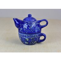 Vintage, Keramik, Kaffeebecher, Made in Thailand, Groß, Tasse Und Teekanne, Blau, Weiß, Blumendruck, Sammlerstück von HoneyQueenBee