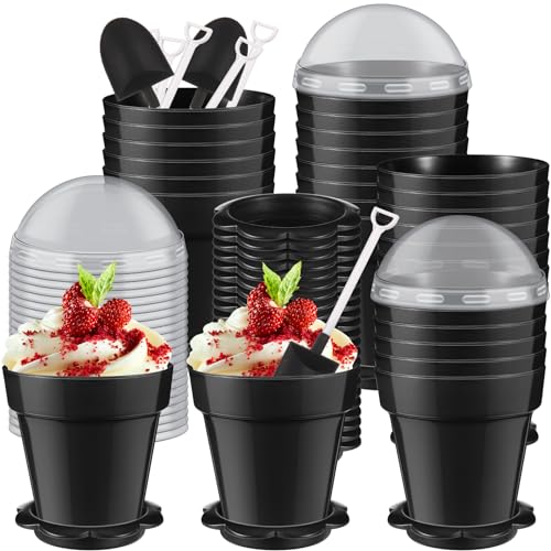 50 Stück Blumentopf, Dessertbecher, Kunststoff, Kuchenbecher mit Deckel, Schaufel, Löffel, Bodenschale, kleiner Blumentopf, Tassen, Dessert, Eis, Joghurtbehälter, Halter für Eis, DIY (schwarz) von Honeydak