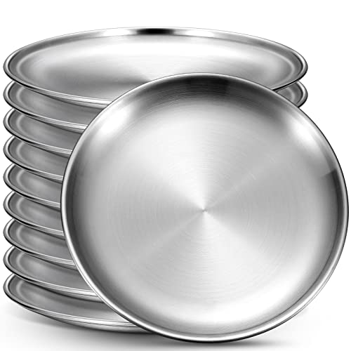 Honeydak 10 Stück Teller aus 18/8 Edelstahl, 304 Edelstahl, 20,3 cm, wiederverwendbare Camping-Teller, spülmaschinenfest, zum Füttern, Servieren, flache Teller, doppellagig, rund, Dessert (Silber) von Honeydak