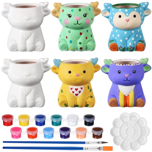 Honeydak 6 Sets DIY Keramik-Sukkulententöpfe, Malerei-Set, fertig zum Bemalen Ihrer eigenen Keramik-Pflanzgefäße, unlackierte Blumentöpfe mit Drainagelöchern für Familie, Bastelarbeiten, Aktivität von Honeydak