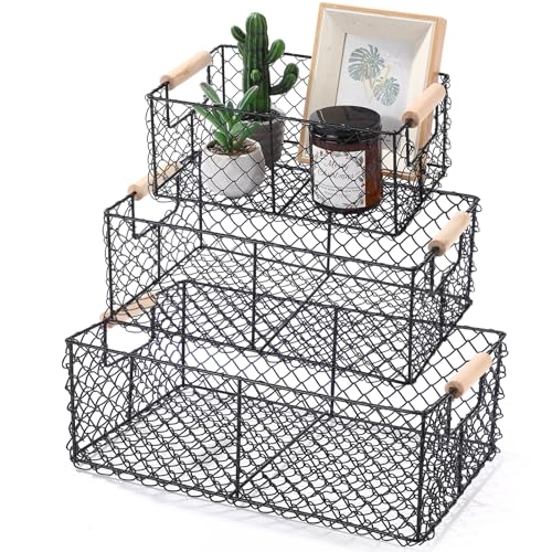 Honeydak Drahtkorb zum Organisieren mit Holzgriff, Vintage-Stil, rechteckig, Netzstoff, Metallkorb, Lebensmittelaufbewahrung, Organizer für Zuhause, Küche, Speisekammer, Badezimmer, Picknick-Schränke Honeydak Drahtkorb zum Organisieren mit Holzgriff, Vintage-Stil, rechteckig, Netzstoff, Metallkorb, Lebensmittelaufbewahrung, Organizer für Zuhause, Küche, Speisekammer, Badezimmer, Picknick-Schränke von Honeydak