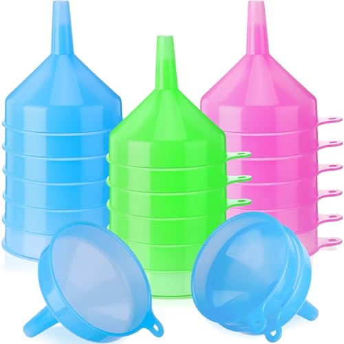 Honeydak Mehrzweck-Kunststoff-Trichter zum Befüllen von Flaschen, Gläsern, Behältern, Laborgebrauch, Öltrichter für Gas, Autoöl, Schmierstoffe und Flüssigkeiten (Rosa, Blau, Grün), 9 Stück von Honeydak