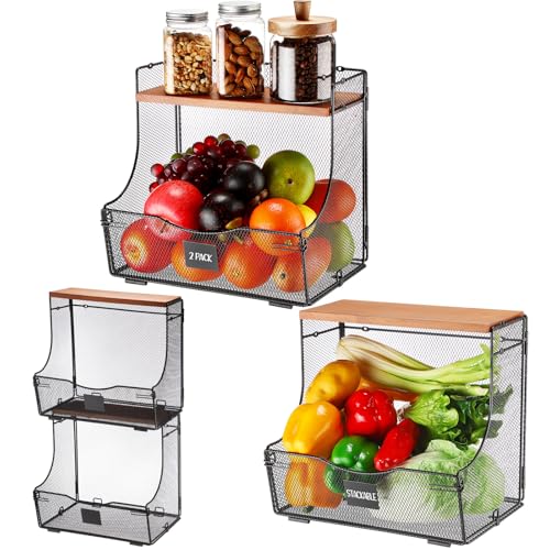 Honeydak Stapelbare Obstkörbe aus Draht mit Holzdeckel, Wandmontage oder Arbeitsplatte, Gemüse-Aufbewahrungsbehälter mit Etikettenplatte, schwarzer Metall-Zwiebel-Kartoffelhalter für Küche Honeydak Stapelbare Obstkörbe aus Draht mit Holzdeckel, Wandmontage oder Arbeitsplatte, Gemüse-Aufbewahrungsbehälter mit Etikettenplatte, schwarzer Metall-Zwiebel-Kartoffelhalter für Küche von Honeydak