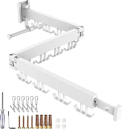 Honeyhouse Einziehbar Wandmontage Wäscheständer,2023 Neue Faltbar Einziehbar Drehbar Kleiderständer mit Sockenklemmen & Kleiderbügel Bar, Dreifach Faltbarer Wäscheständer mit Handtuchhalter von Honeyhouse