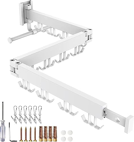 Honeyhouse Einziehbar Wandmontage Wäscheständer,2023 Neue Faltbar Einziehbar Drehbar Kleiderständer mit Sockenklemmen & Kleiderbügel Bar, Dreifach Faltbarer Wäscheständer mit Handtuchhalter(Weiß) von Honeyhouse