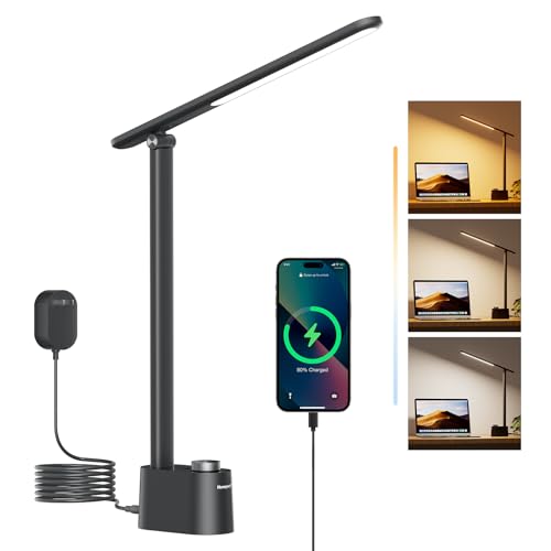 Honeywell LED Schreibtischlampe mit USB-Ladeanschlüssen, H01 Stepless Dimmbare Eye Care Sunturalux™ Schreibtischleuchte für Büro Zuhause, Faltbare Tischlampe für Schlafzimmer College Dorm schwarz von Honeywell