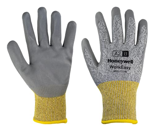 Honeywell WorkEasy Cut Schutzhandschuhe WE22-7113G, Schnittstufe A2/B, Farbe gelb/grau, leicht, Glasfaser-Strick, mittelgraue Polyurethanbeschichtung, Größe 8/M (Packung mit 10 Paar) von Honeywell
