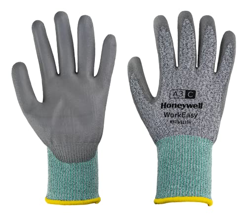 Honeywell WorkEasy Cut Schutzhandschuhe WE23-5113G, Schnittstufe A3 C, Farbe Grün/Grau, leicht, Glasfaser-Strick, mittelgraue Polyurethanbeschichtung, Größe 9/L (Packung mit 10 Paar) von Honeywell
