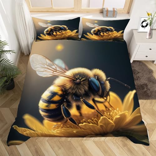 3D Biene Bettwäsche Set 135x200 cm Weich Mikrofaser Kind Erwachsener Bettwäsche-Set mit Reißverschluss 3 Teilig Bettbezug Set mit 2 Kissenbezug 80x80 cm von HongDuo