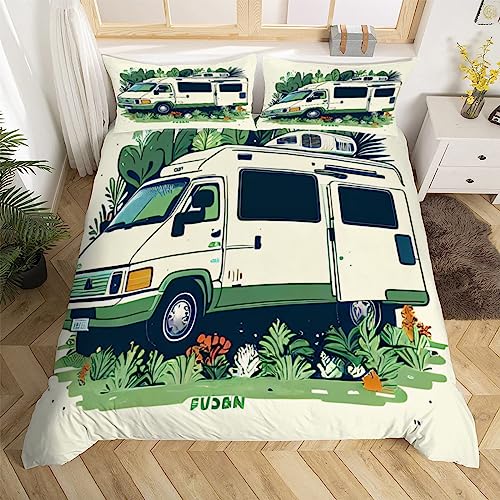 Camping Wohnmobil Motiv Bettwäsche 135x200 cm Weiche Mikrofaser Cartoon Thema Bettwäsche-Set mit Reißverschluss 3 Teilig Bettbezug Set mit Kissenbezug 80x80 cm von HongDuo