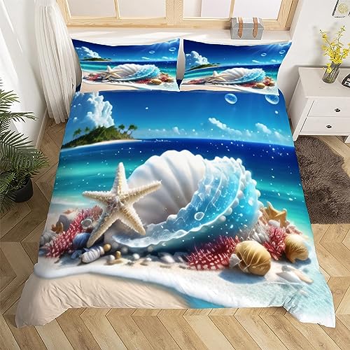 Meer Strand Bettwäsche Set 155x220 cm Weiche Mikrofaser Strand Bettwäsche-Sets mit Reißverschluss 3 Teilig Bettbezüge mit 2 Kissenbezug 80x80 cm von HongDuo