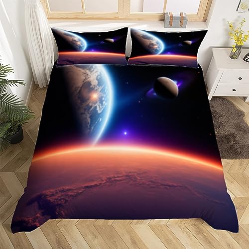 Planeten Kinder Bettwäsche 200x200 cm Weiche Mikrofaser Weltraumgalaxie Bettwäsche-Sets mit Reißverschluss 3 Teilig Bettbezug mit Kissenbezug 80x80 cm von HongDuo