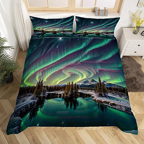 Polarlicht Bettwäsche 155x220 cm Weiche Mikrofaser Natürliche Szene Bettwäsche-Sets mit Reißverschluss 3 Teilig Bettbezug Set mit 2 Kissenbezug 80x80 cm von HongDuo