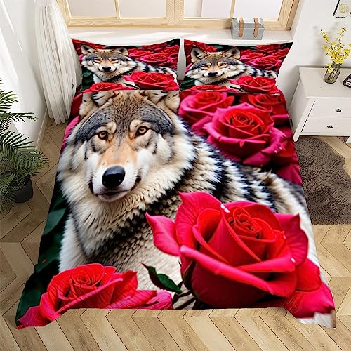 Wolf Rose Bettwäsche Set 135x200 cm Weich Mikrofaser Blossom Blumen Muster Bettwäsche-Sets mit Reißverschluss 3 Teilig Bettbezug Set mit Kissenbezug 80x80 cm von HongDuo