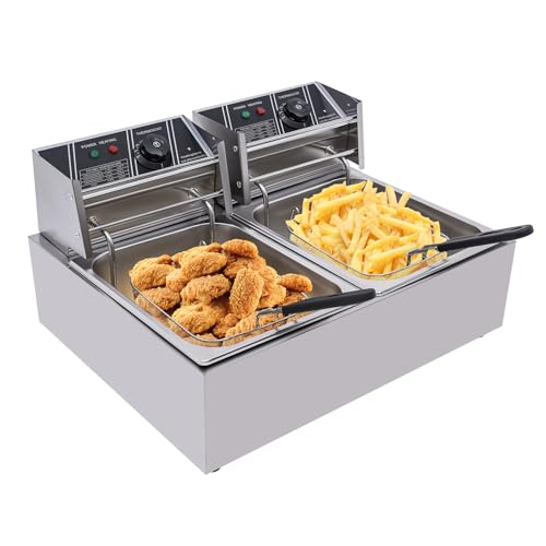 12L Doppel-Fritteuse, Edelstahl Fritteuse 3200W Kaltzonen Fritöse mit 2 Frittierkörbe und 2 Resteplatten, Thermostat Heizzonen, Deep Fryer geeignet für 6-7 Personen von HongKKon
