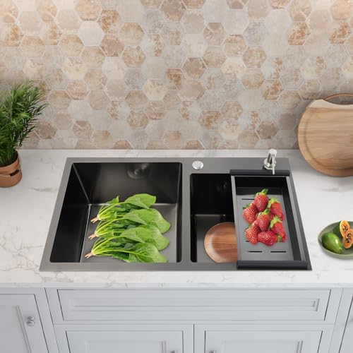 Edelstahl SpüLbecken, 78×43×22cm Schwarzer Edelstahl KüChenspüle Doppelschüssel-KüChenspüLe mit Seifenspender, Kann in zum Haushalten, Restaurants, WaschküChen, Kellern von HongKKon