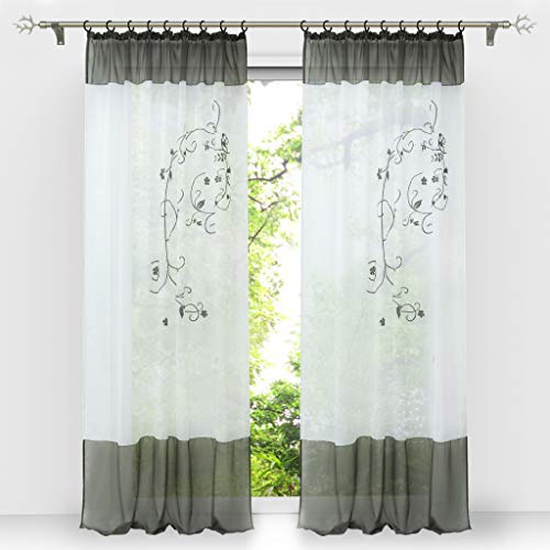 HongYa 1 Stück Bestickte Gardine Transparenter Voile Vorhang Fensterschal mit Kräuselband H/B 145/140 cm Grau von HongYa