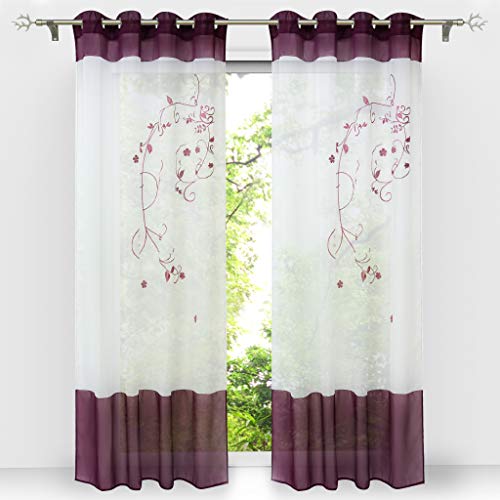 HongYa 1 Stück Bestickte Gardine Transparenter Voile Vorhang Ösenschal H/B 145/140 cm Beere von HongYa