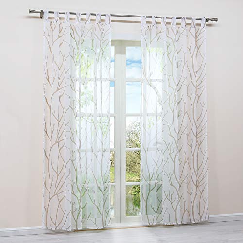 HongYa 1 Stück Schlaufenschal Transparente Gardine Schal Voile Vorhang mit Schlaufen Äste Muster H/B 145/140 cm Weiß Sand von HongYa