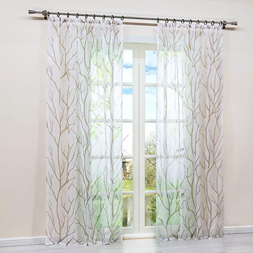 HongYa 1 Stück Transparente Gardine Schal mit Kräuselband Voile Vorhang Fensterschal Äste Muster H/B 175/140 cm Weiß Sand von HongYa