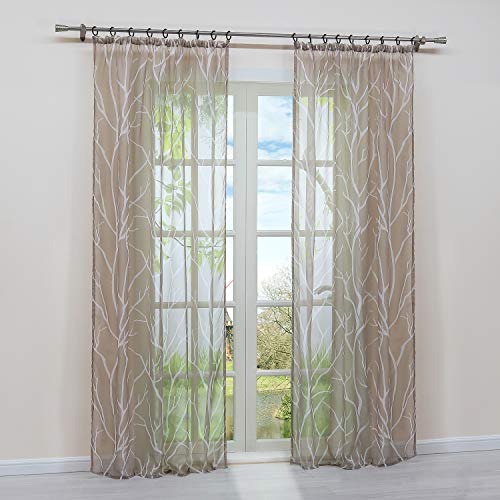 HongYa 1 Stück Transparente Gardine Schal mit Kräuselband Voile Vorhang Fensterschal Äste Muster H/B 225/140 cm Sand von HongYa