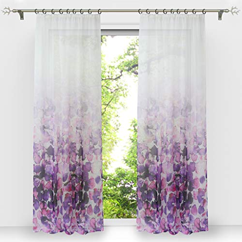 HongYa 1 Stück Voile Farbverlauf Gardine Transparenter Vorhang mit Kräuselband Blumen Druck H/B 145/140 cm von HongYa