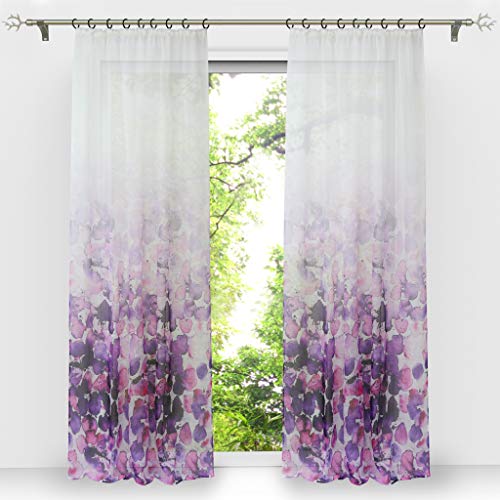 HongYa 1 Stück Voile Farbverlauf Gardine Transparenter Vorhang mit Kräuselband Blumen Druck H/B 175/140 cm von HongYa
