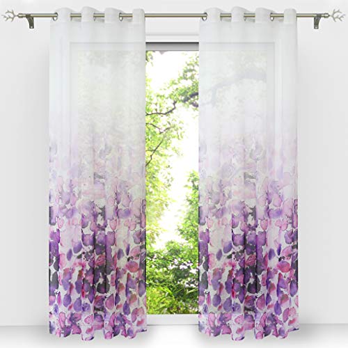 HongYa 1 Stück Voile Farbverlauf Gardine Transparenter Vorhang mit Ösen Blumen Druck H/B 145/140 cm von HongYa